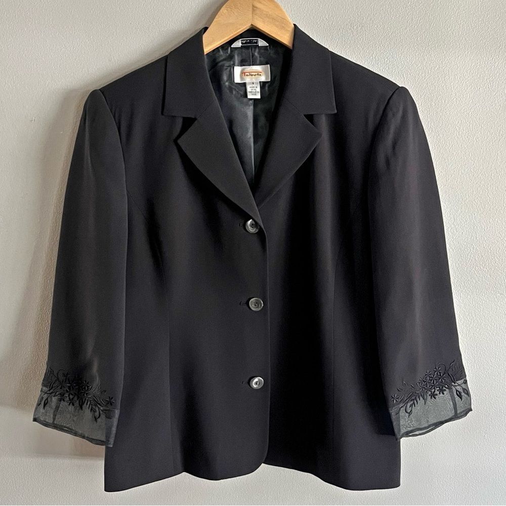 Talbots 100% Silk Black Blazer Embroidered Sheer Cuffs Size 4 Vintage